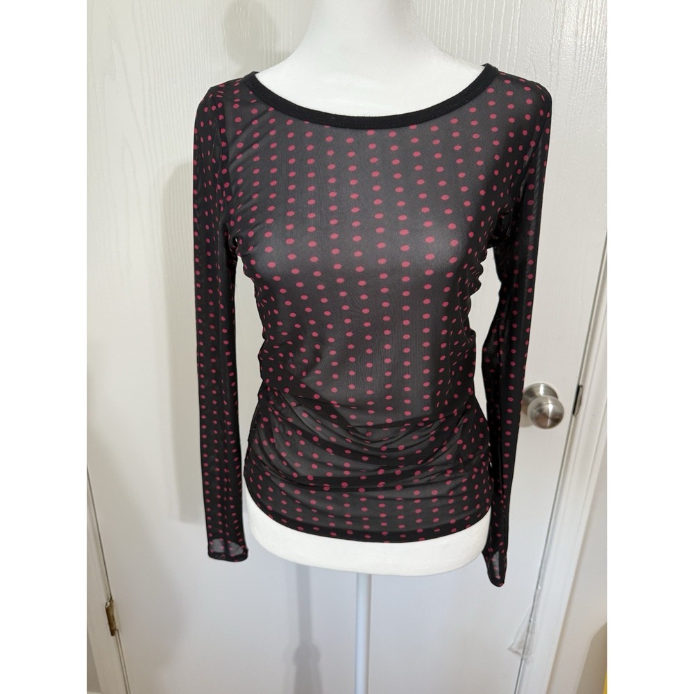 Red Polka Dot Black Sheet Long Sleeve Top Women's Size Medium Y2K